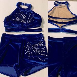 Custom made dance cheer tryout costume 2 piece royal blue velvet rhinestoned SA